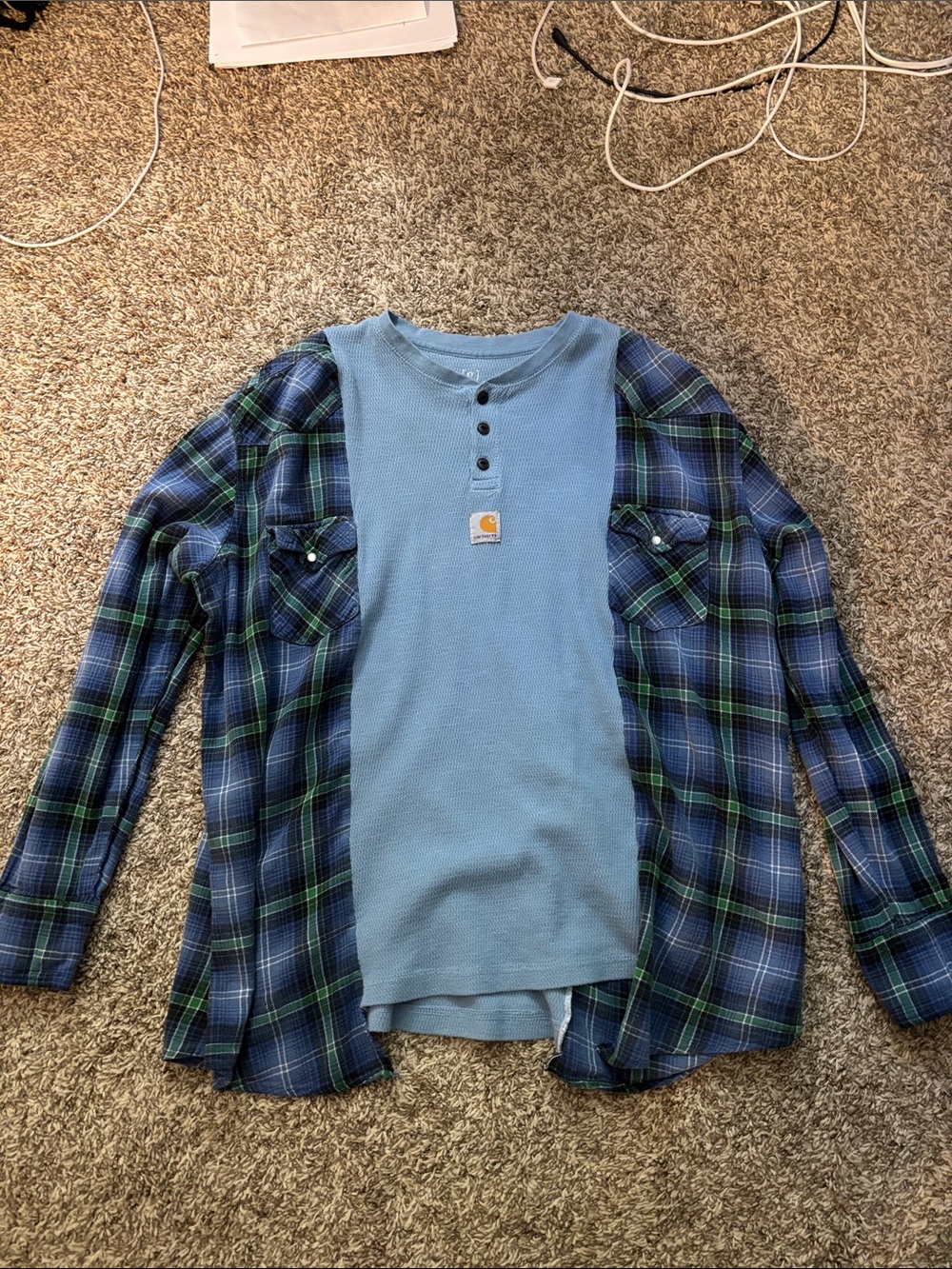 Carhartt Light Blue Thermal Henley with Blue-Green Plaid Shirt Jacket